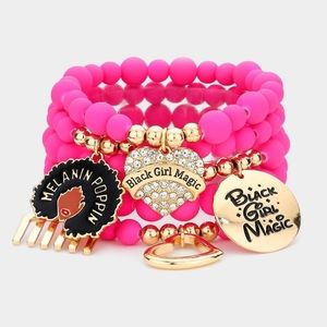 Pink and Gold Pendant Charms Crystal BLACK GIRL MAGIC Beaded Stretch Bracelet